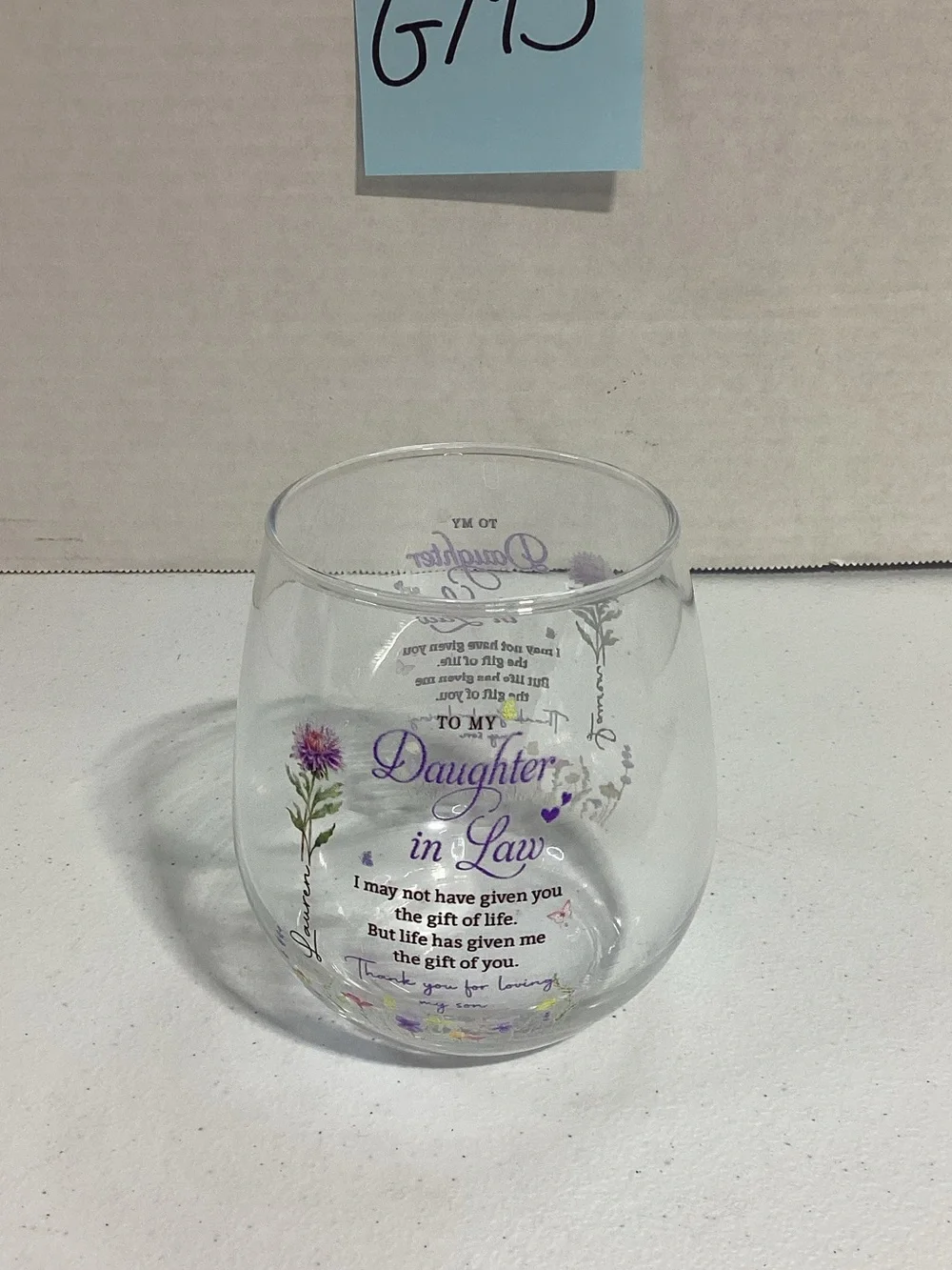Daughter-in-Law Decorative Stemless Wine Glass - Purple Floral